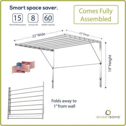 Smartsome | Wall Mounted | Clothes Drying Rack| 22" Wide |15 Linear Feet Capacity | 8 Smooth Round