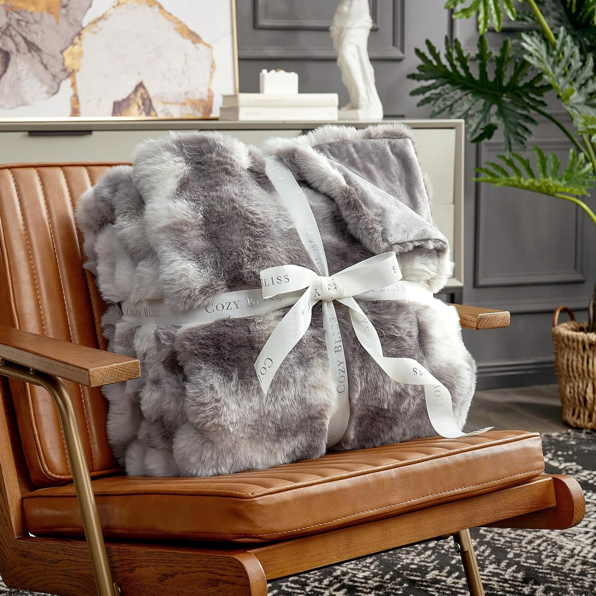 Cozy Bliss Faux Fur Throw Blanket for Couch, Fuzzy Soft Plush Thick Bubble Blanket for Sofa Bedroom