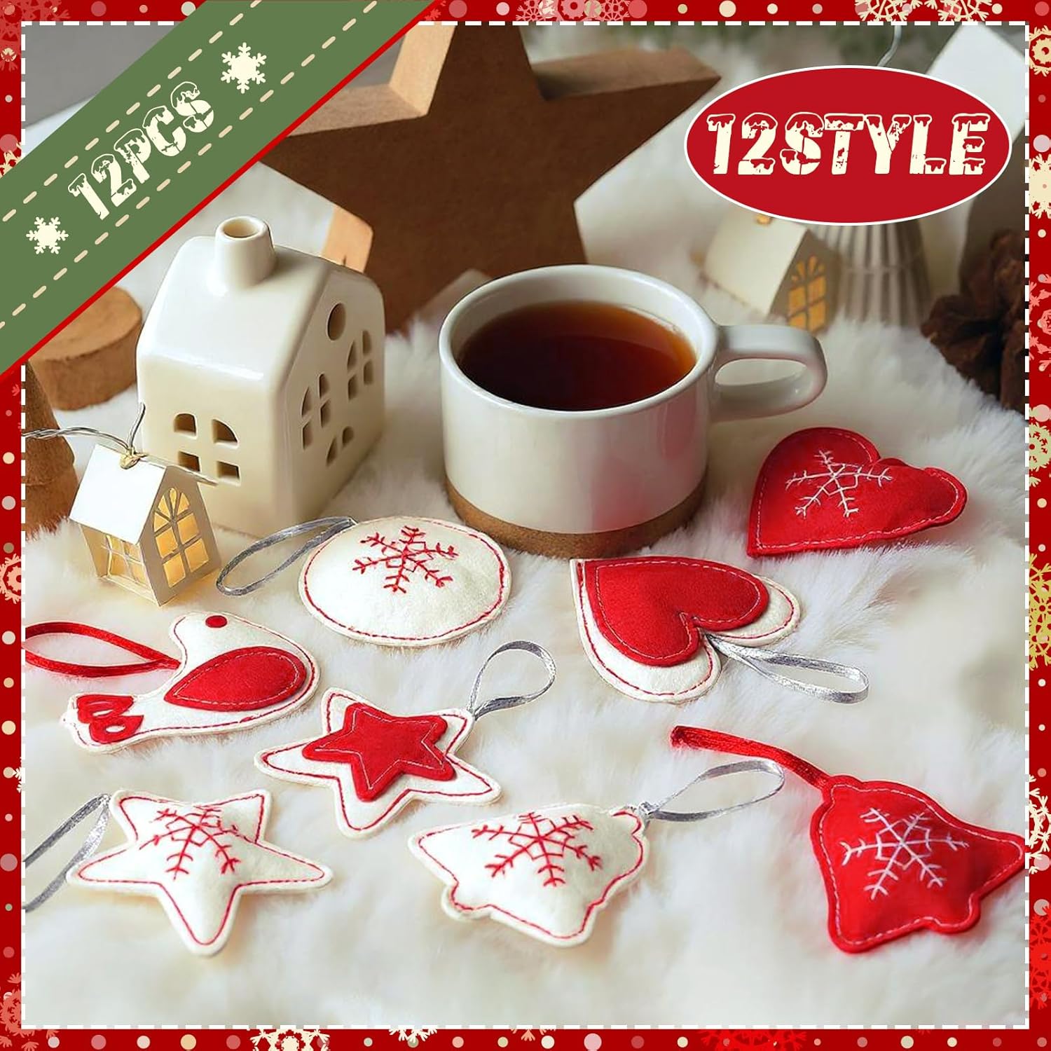 12 Pcs Christmas Felt Ornaments for Tree 3D Snowflake Hanging Decorations Classic Red White Hanging