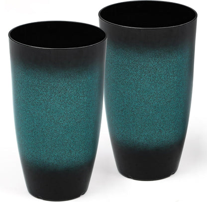 Tall Outdoor Planters, Set of 2 Large Flower Pots for Outdoor Plants, with Gradient Turquoise