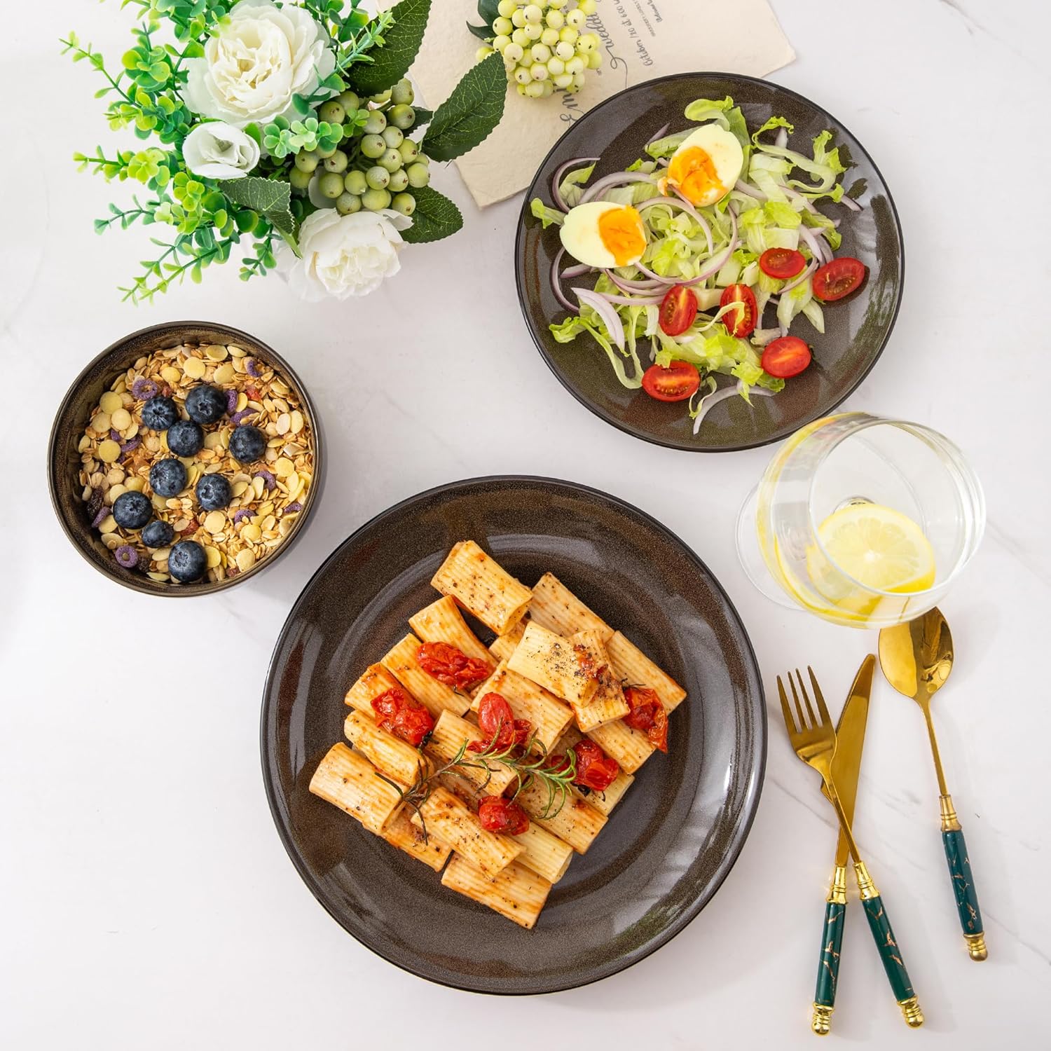 LERATIO Ceramic Dinnerware Sets for 4,Stoneware Coupe Plates and Bowls Sets,Highly Chip and Crack