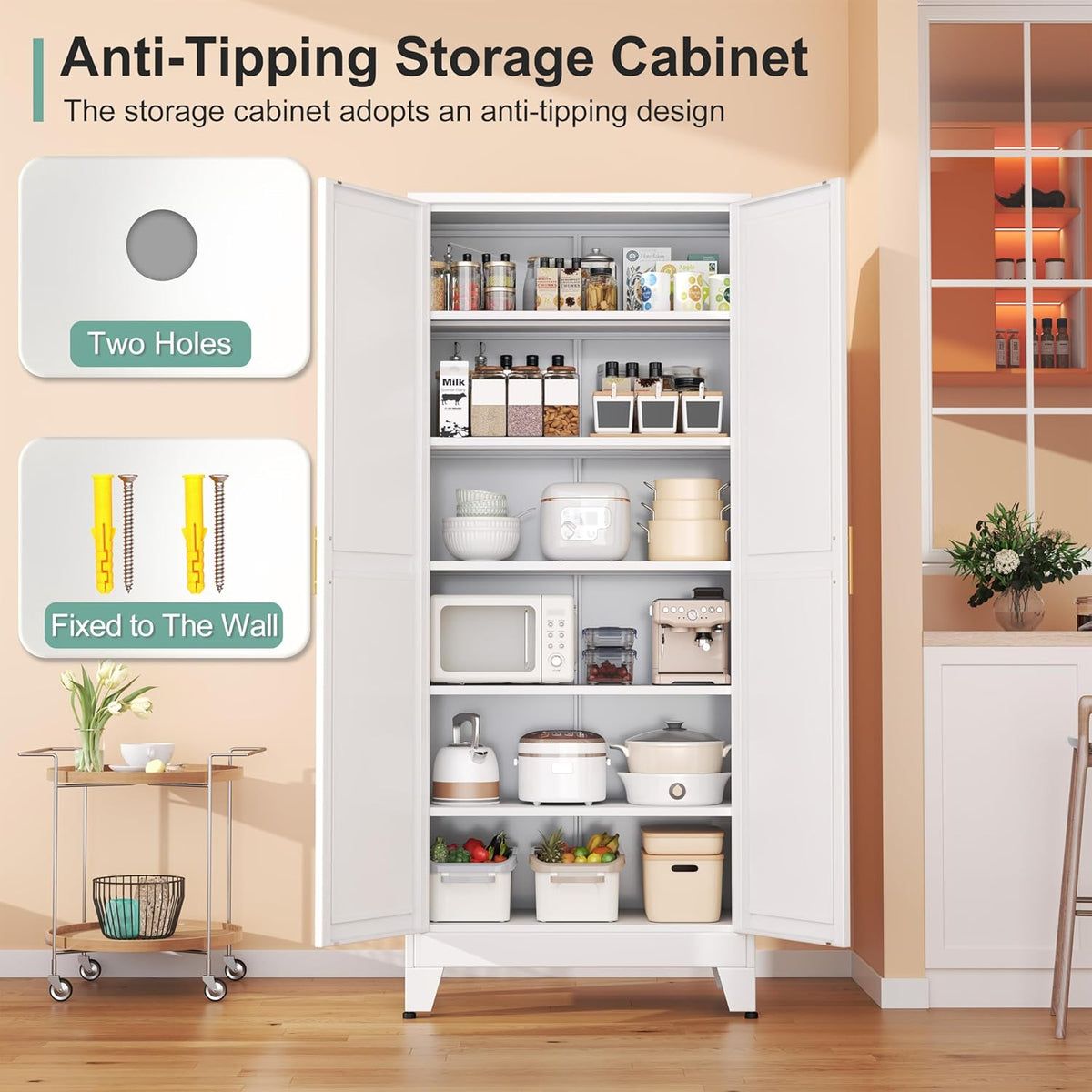 Metal Pantry Cabinet with 2 Doors and 5 Adjustable Shelves, 75" Kitchen Storage cabinets with Gold