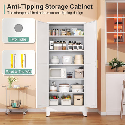 Metal Pantry Cabinet with 2 Doors and 5 Adjustable Shelves, 75" Kitchen Storage cabinets with Gold
