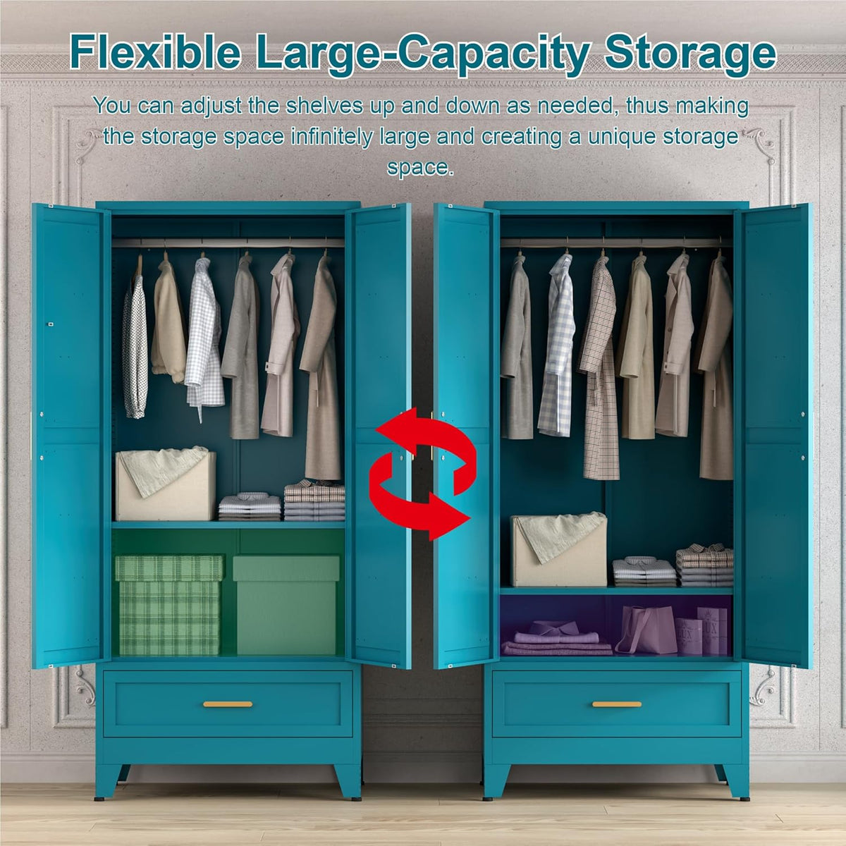 71'' Farmhouse Metal Wardrobe Cabinet with Hanging Rod, 2 Barn Door Wardrobe Closet with Adjustable
