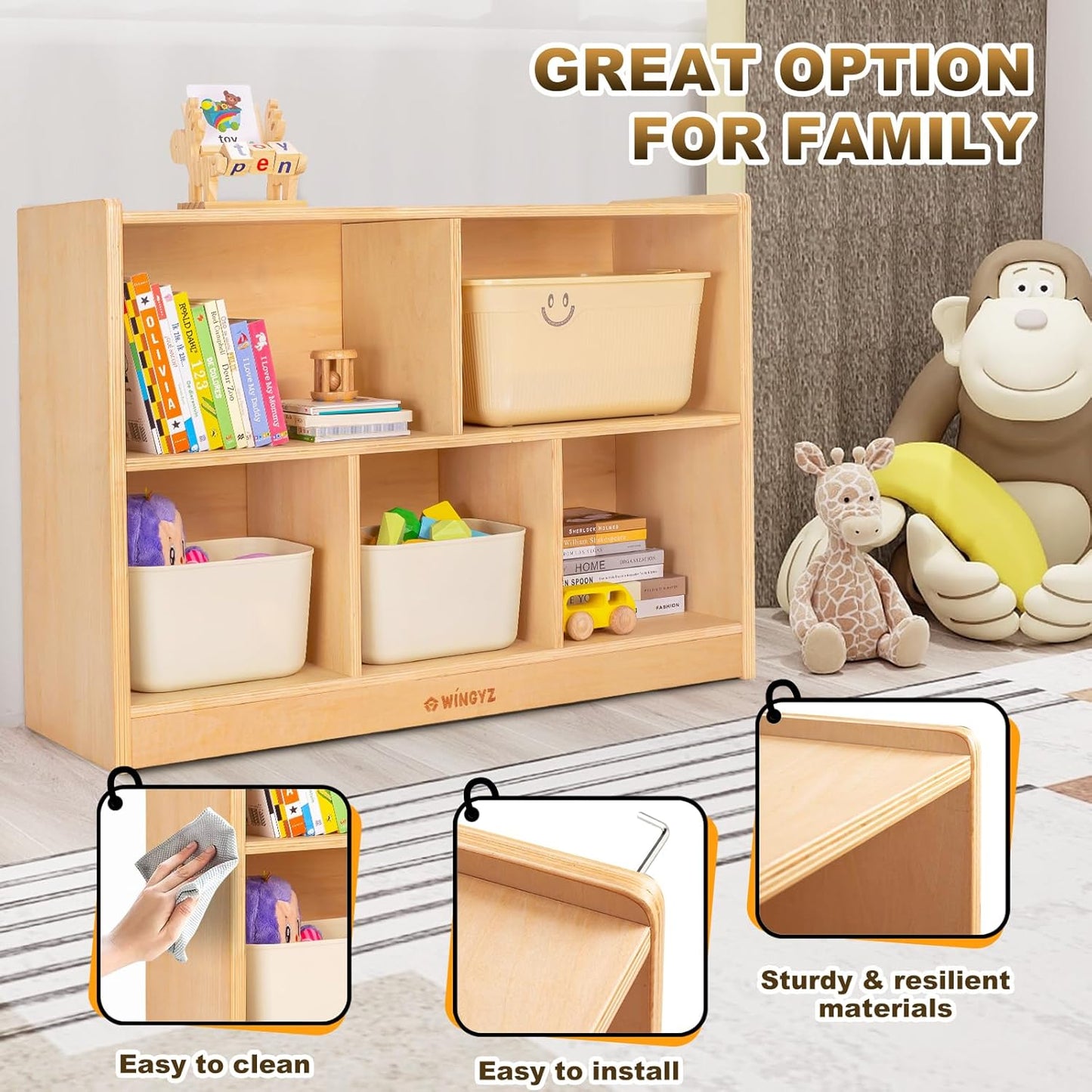 wingyz Wood Storage Shelf Organizer, 35.4" L, 5-Section Montessori Kids Toy & Book Shelf, Wooden