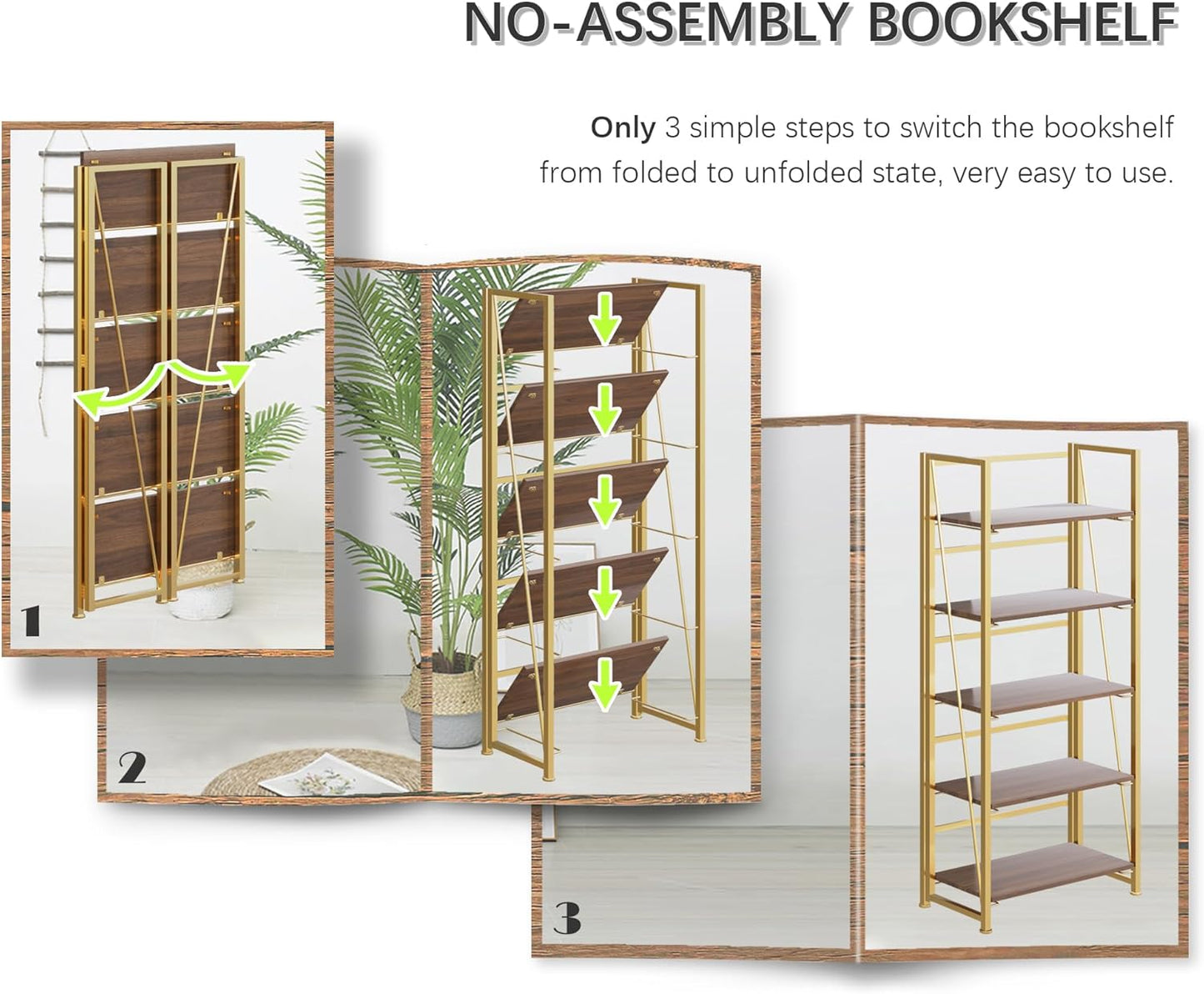 4NM No Assembly Foldable Bookshelf, 5-Shelf Collapsible Bookcase Storage for Small Spaces, 62.2" H