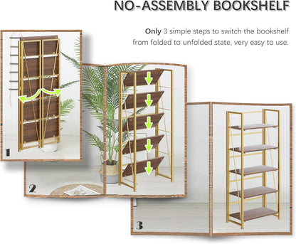 4NM No Assembly Foldable Bookshelf, 5-Shelf Collapsible Bookcase Storage for Small Spaces, 62.2" H
