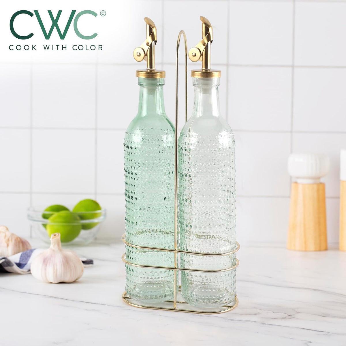 COOK WITH COLOR Glass Olive Oil Bottle Dispenser - 2 Pack- 17oz Oil and Vinegar Cruet - Olive Oil