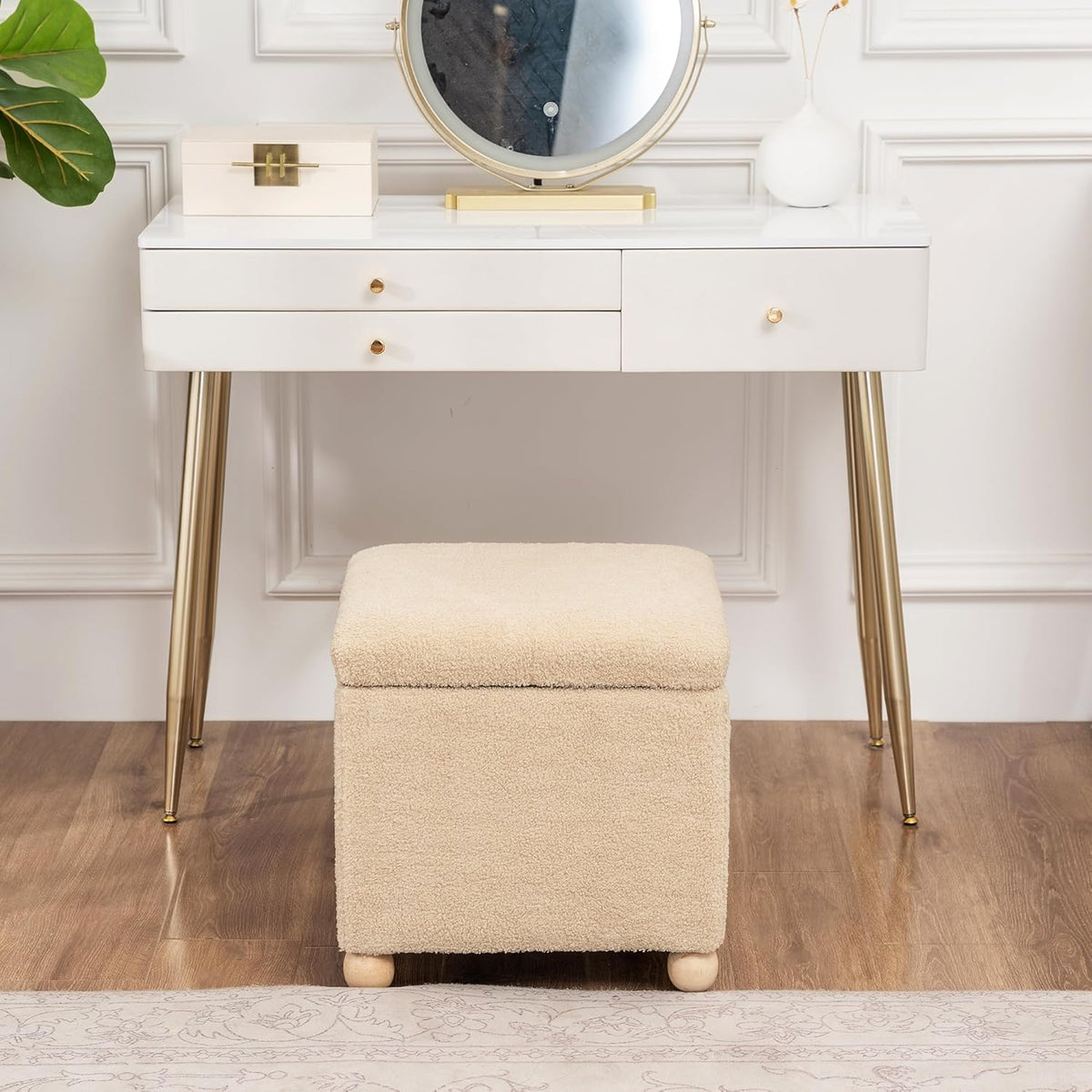 Adeco 17 Inch Soft Oatmeal Cube Ottoman Storage, Teddy Velvet Chair Foot Stools, Upholstered Vanity