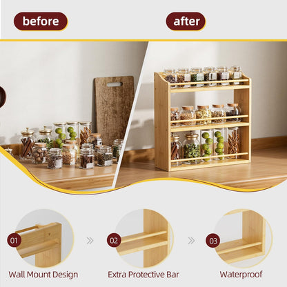 Spice Rack Wall Mounted, Spice Organizer for Counter, Bamboo Spice Storage Holder for Kitchen