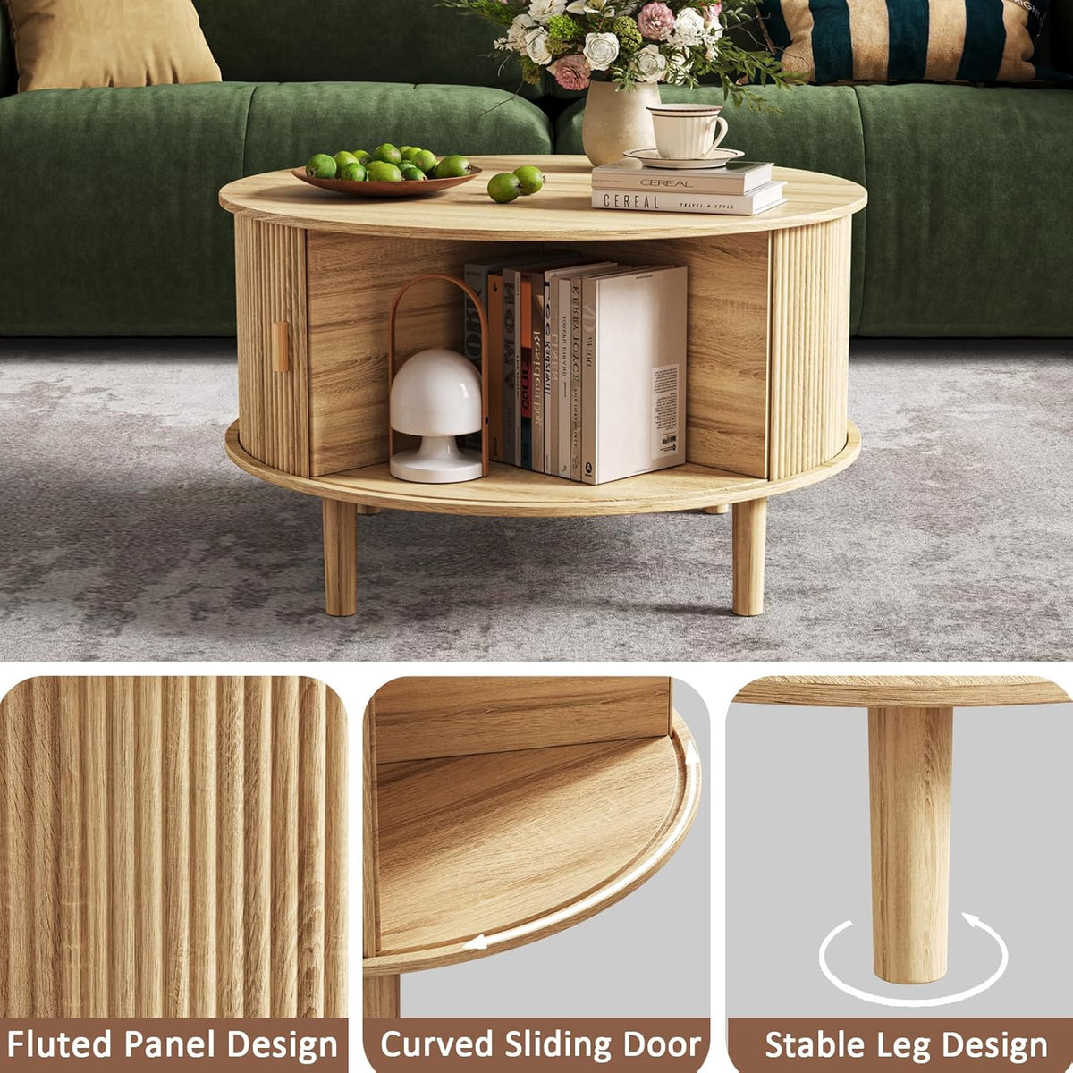 Round Coffee Table with Storage,Fluted Table with 360°Curved Sliding Doors,Solid Wood Legs, Mid