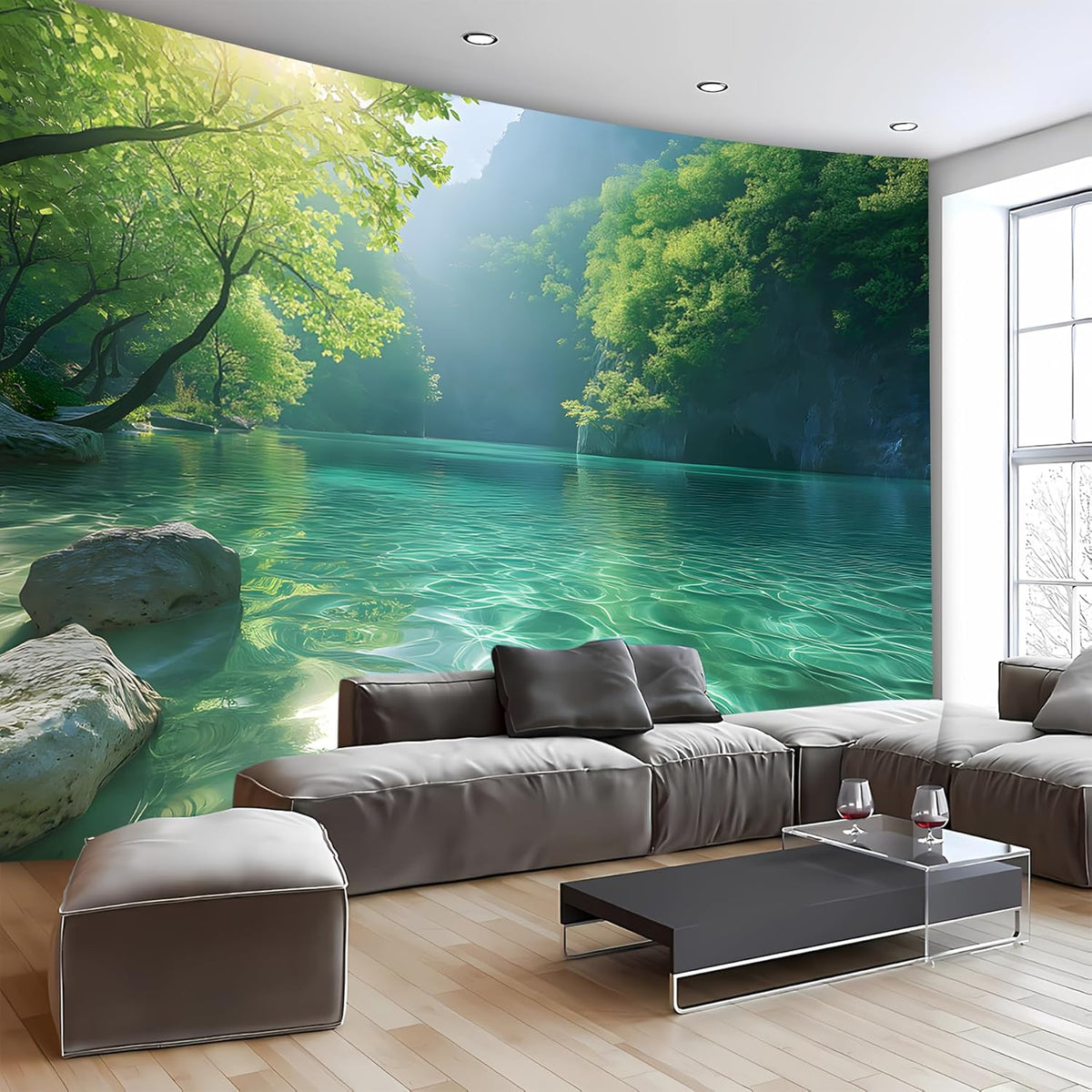 BSFHH Nature Tapestry Forest Tree Sea Cave Wall Hanging, Stream Through Rainforest Landscape Wall