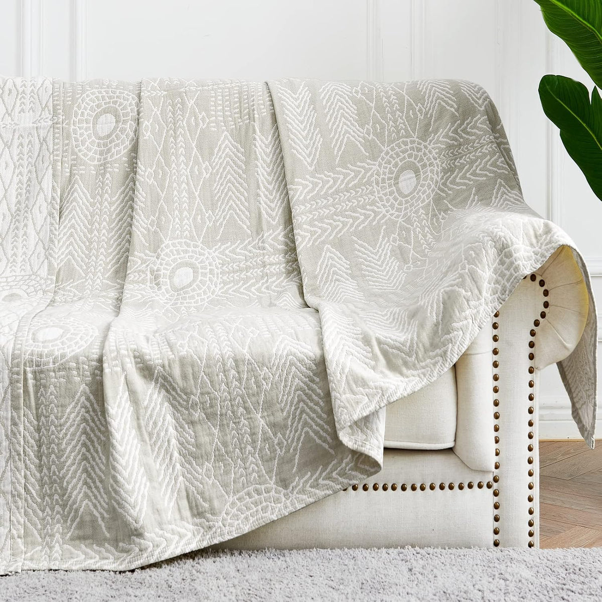 JINCHAN Boho 100% Cotton Muslin Blanket 3-Layer Queen Size 80x90 Inches Geometric Light Grey
