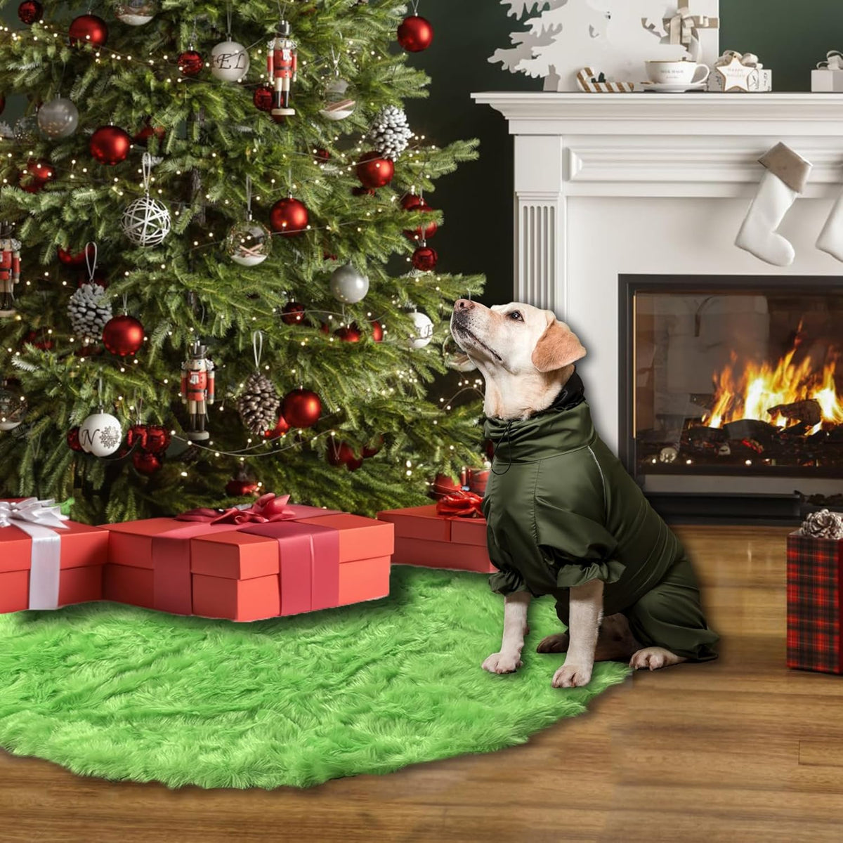 AOGU 48 Inch Faux Fur Christmas Tree Skirt Green Plush Skirt for Merry Christmas Party Christmas
