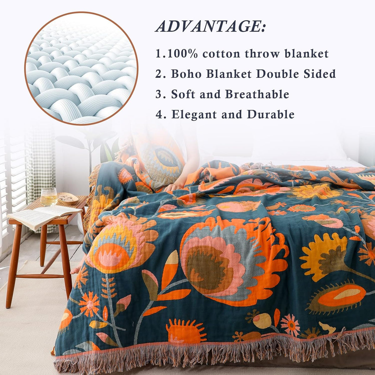 Snycler Boho Throw Blanket for Bed, 100% Organic Cotton Muslin Soft Throw-Orange Boho Floral