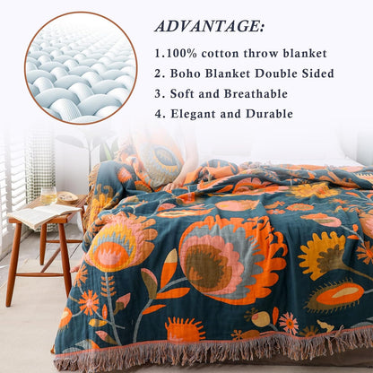 Snycler Boho Throw Blanket for Bed, 100% Organic Cotton Muslin Soft Throw-Orange Boho Floral