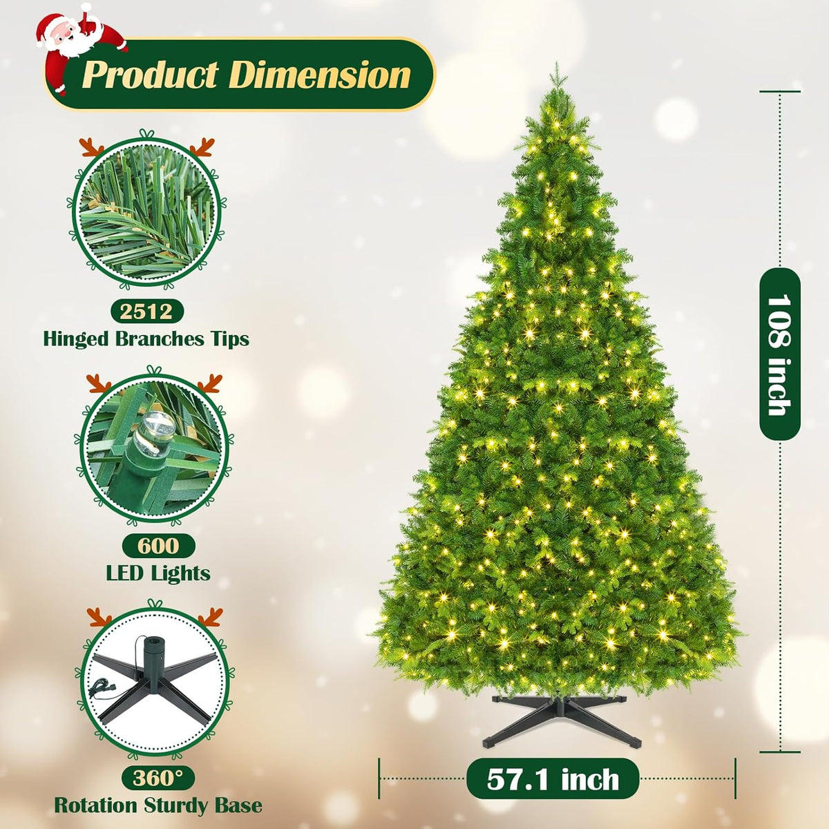 9FT Pre-Lit Christmas Tree with Remote Control, Multi-Color LED Lights, Musical Rotating Christmas