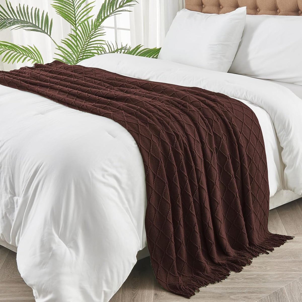 inhand Knitted Throw Blankets for Couch and Bed, Soft Cozy Knit Blanket with Tassel, Diamond Brown