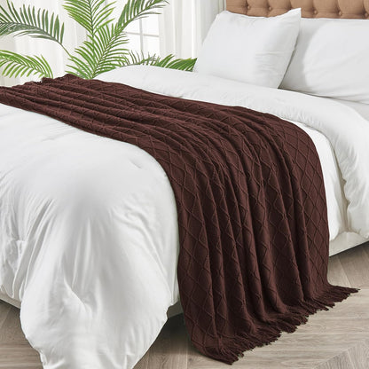 inhand Knitted Throw Blankets for Couch and Bed, Soft Cozy Knit Blanket with Tassel, Diamond Brown