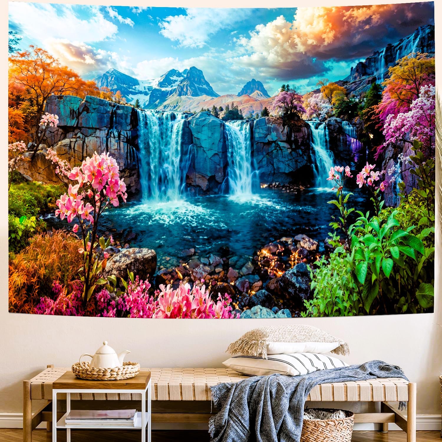 Delur Waterfall Tapestry Tropical Forest Mountain Sunset Tree Wall Hanging Tapestry Scenic