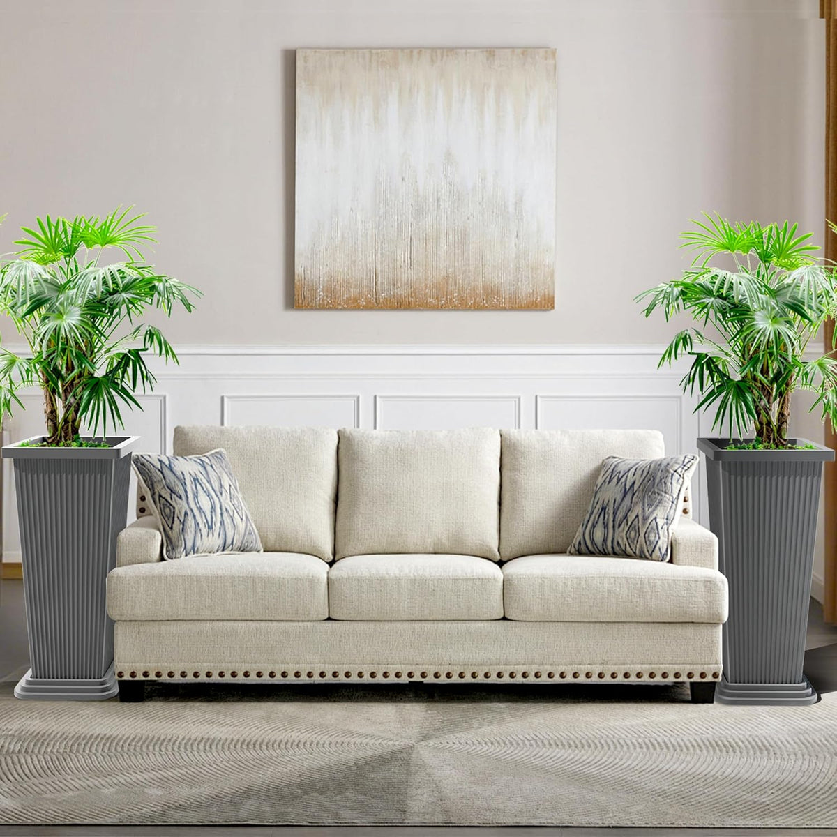 FENCY Set of 2 Tall Planters for Outdoor Plants, 24 Inch Large Tapered Pots with Drainage Trays