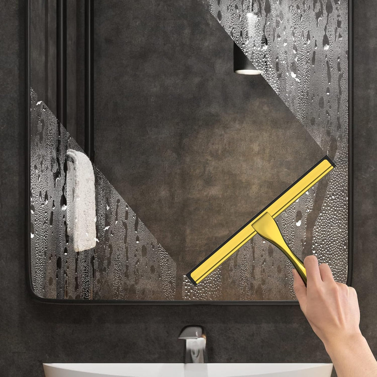 All-Purpose Stainless Steel Shower Squeegee for Shower Doors with 2 Adhesive Hooks, Bathroom