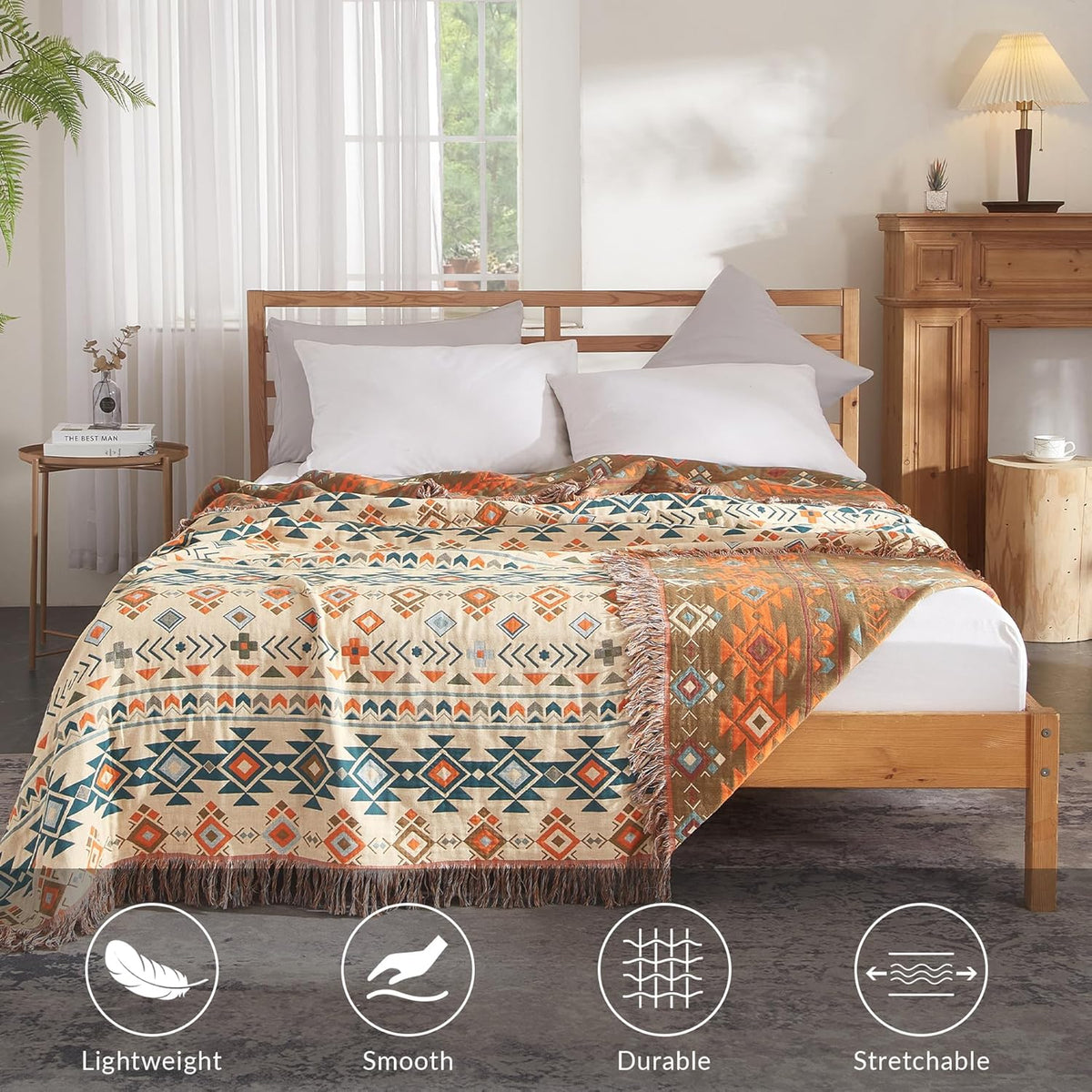 Boho Throw Blanket for Couch Sofa Bed, 100% Cotton Woven Quilt with Tassel 60”x80”, Super Soft