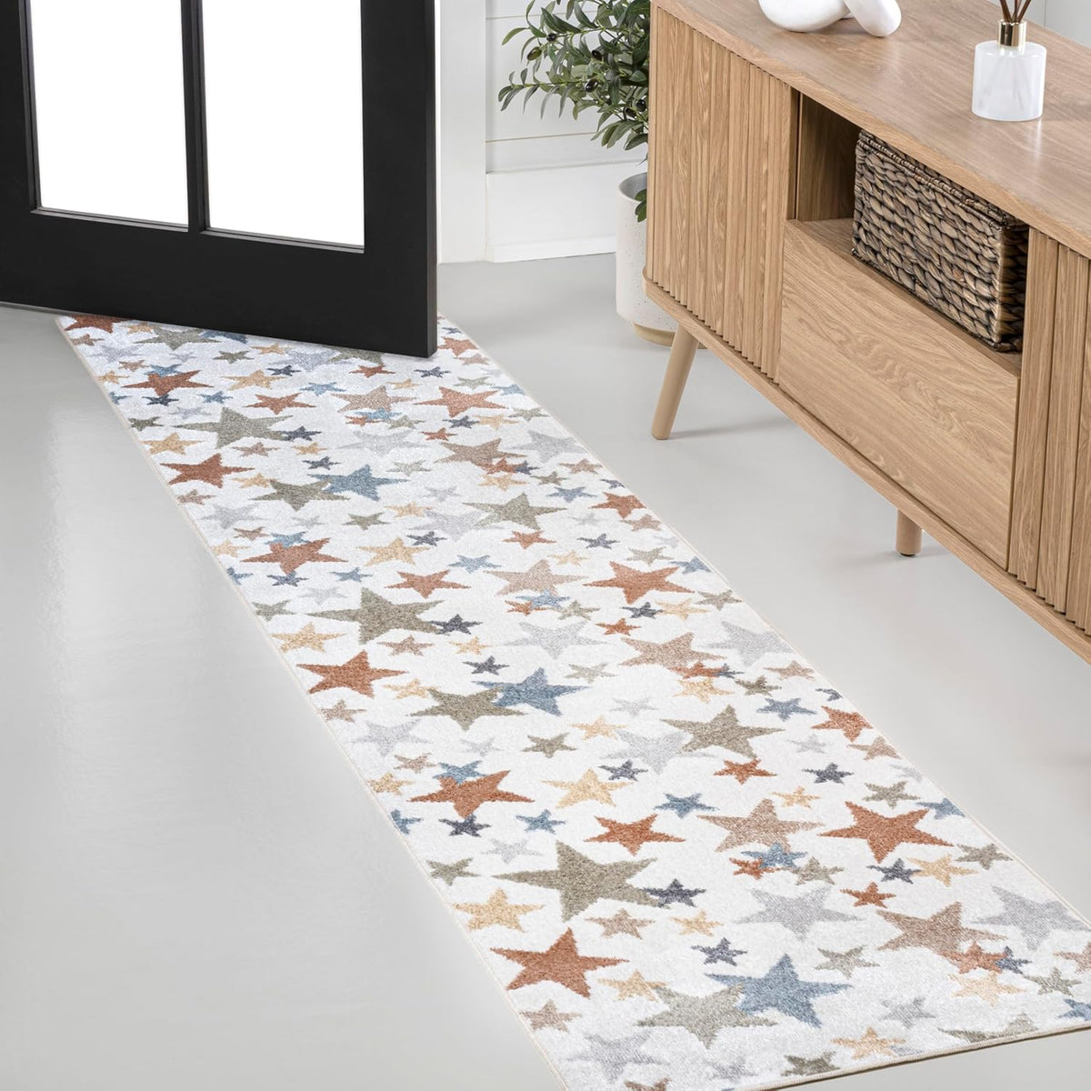 JONATHAN Y Machine-Washable Ivory/Blue/Orange Runner Rug, 2x8, Star Gazer Geometric, Border, Kids &