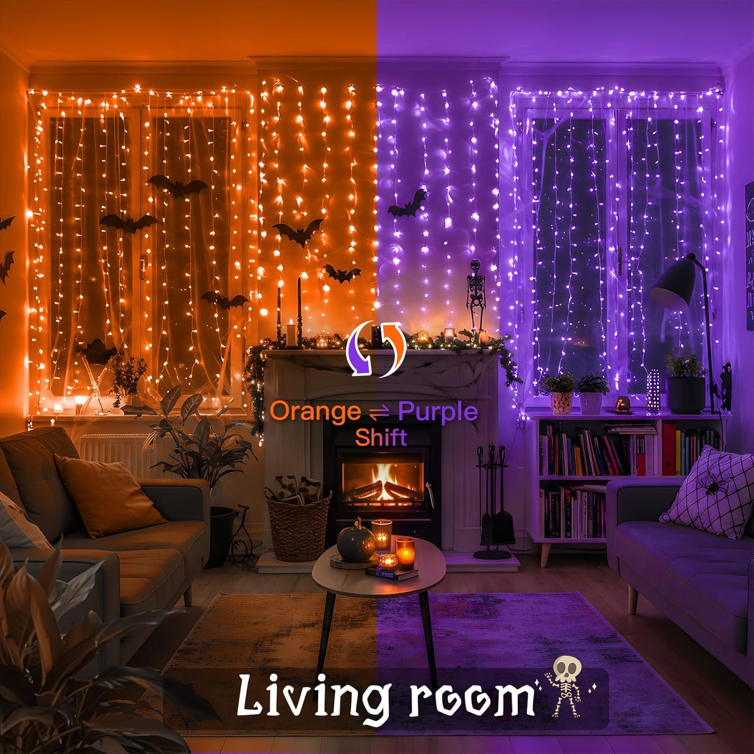 suddus Color Changing Curtain Lights for Halloween, 200 LED 6.5ft x 6.5ft Hanging String Lights