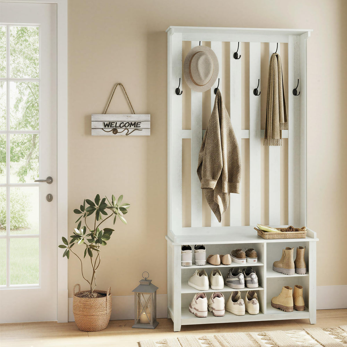 VASAGLE Hall Tree with Bench and Shoe Storage, 7 Double Hooks