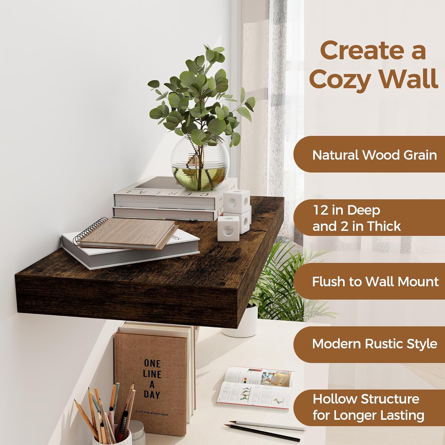 12 Inch Deep Floating Shelves, 24 x 12 Floating Shelf for Books, Rustic Wood Deep Wall Shelves for
