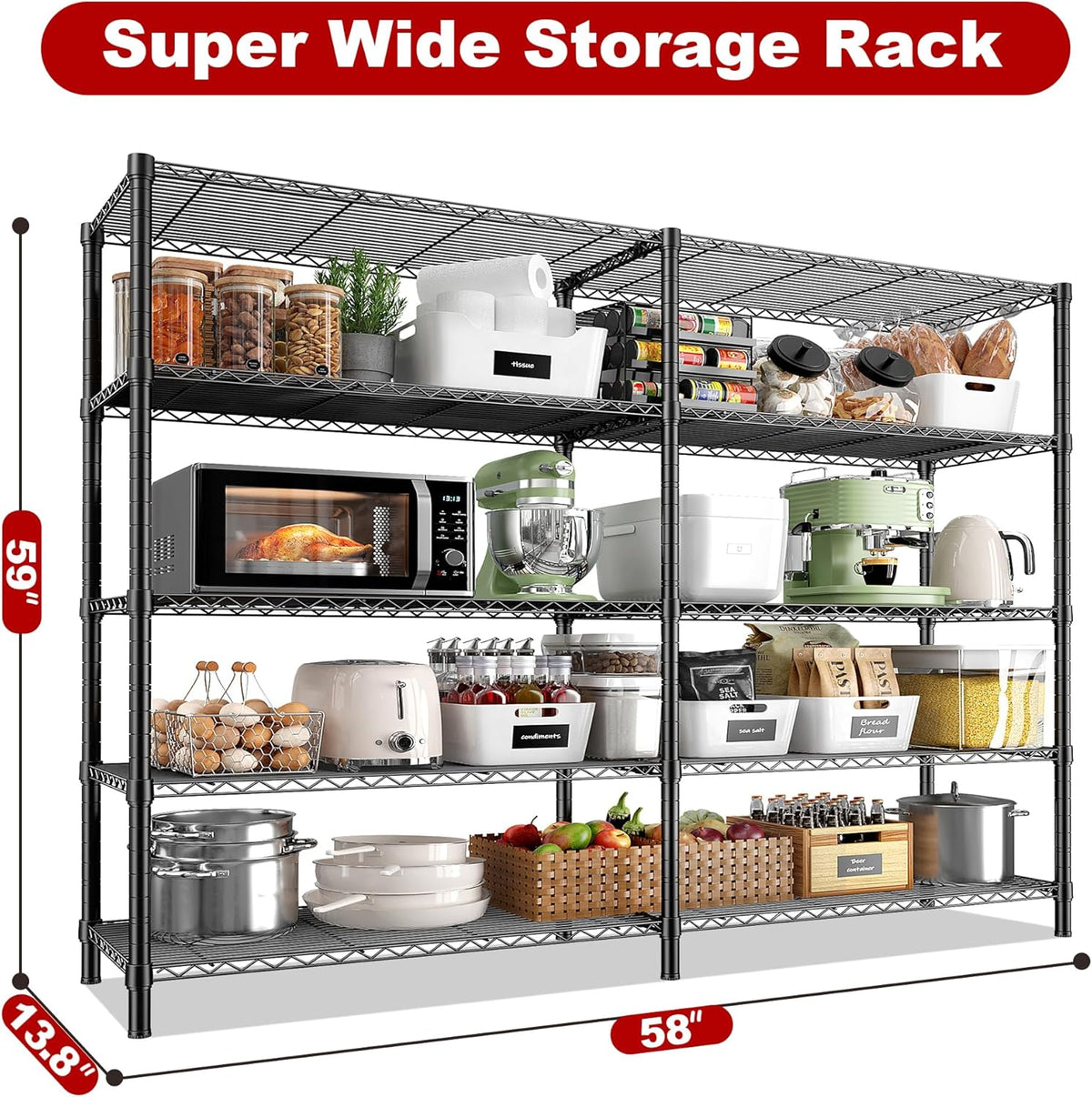 REIBII 5 Tier Wire Shelving Storage Shelves Loads 1430LBS, 58" W Metal Shelving for Storage