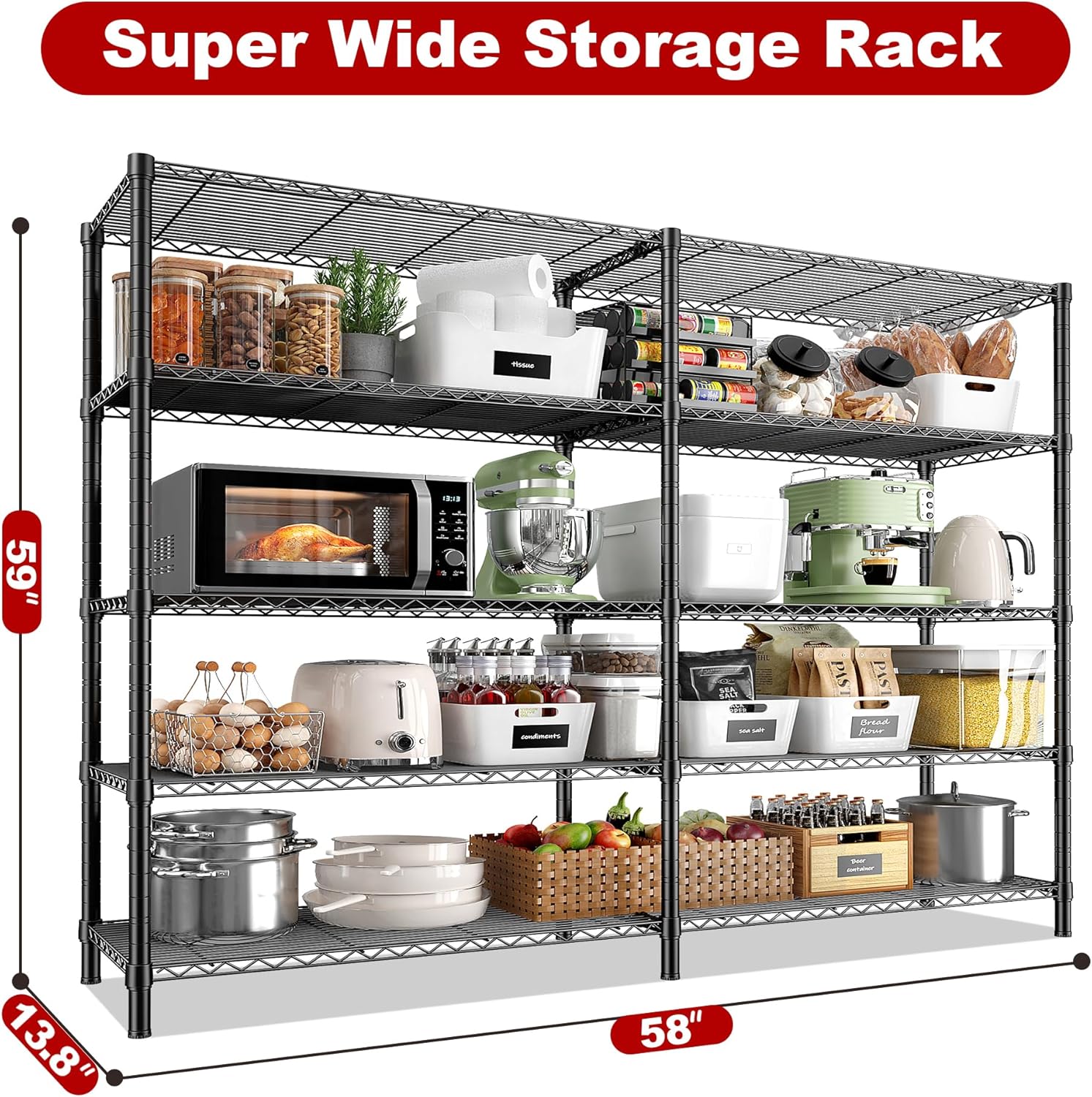 REIBII 5 Tier Wire Shelving Storage Shelves Loads 1430LBS, 58" W Metal Shelving for Storage