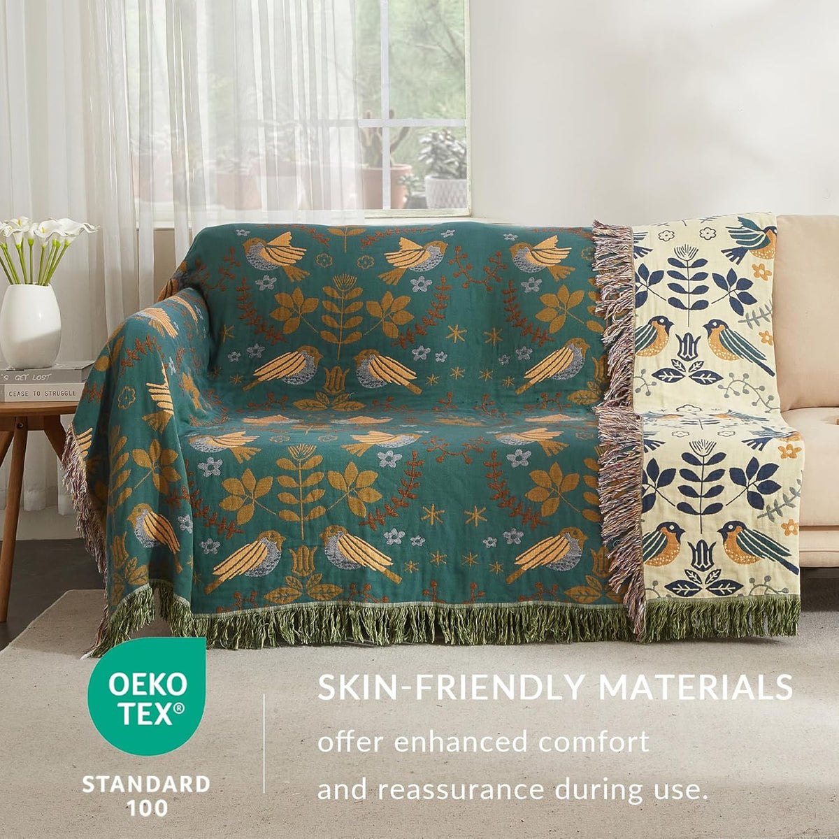 Boho Throw Blanket for Couch Sofa Bed, 100% Cotton Woven Quilt with Tassel 60”x80”, Super Soft