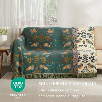 Boho Throw Blanket for Couch Sofa Bed, 100% Cotton Woven Quilt with Tassel 90”x98”, Super Soft