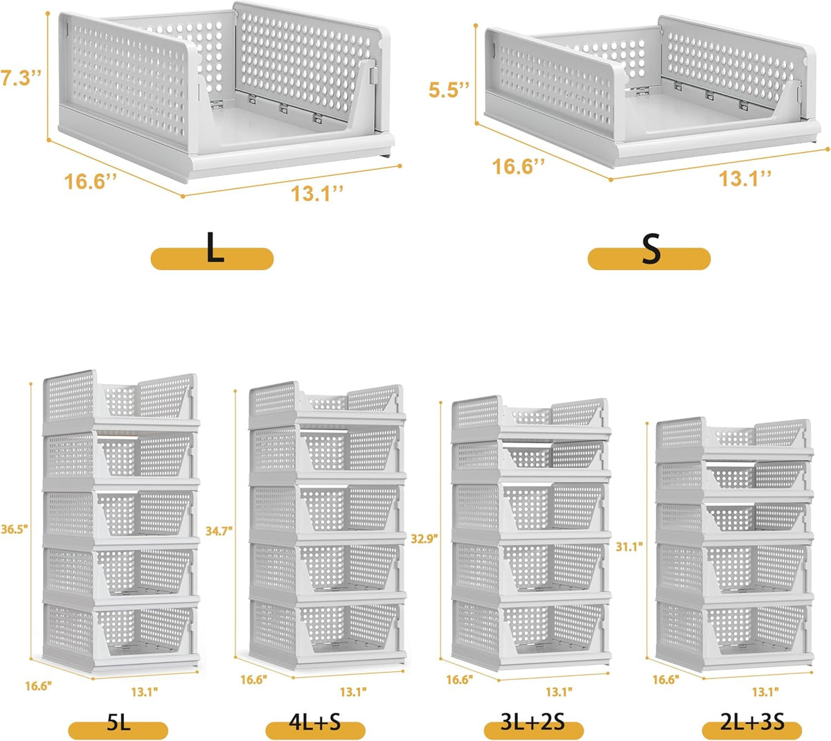 5 Pack Stackable Plastic Storage Basket Closet Organizer Bin Foldable Clothes Organizer Storage