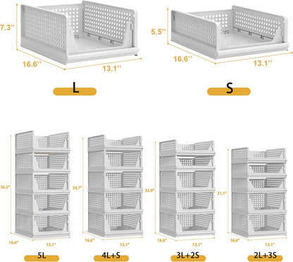 5 Pack Stackable Plastic Storage Basket Closet Organizer Bin Foldable Clothes Organizer Storage