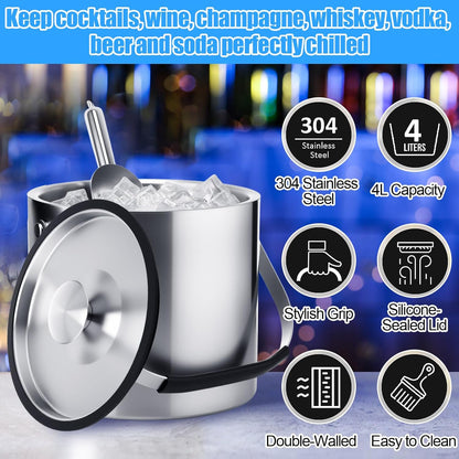 meekoo 4 L Double Wall Insulated Stainless Steel Ice Bucket with Lid, Scoop, Strainer, Handle Large
