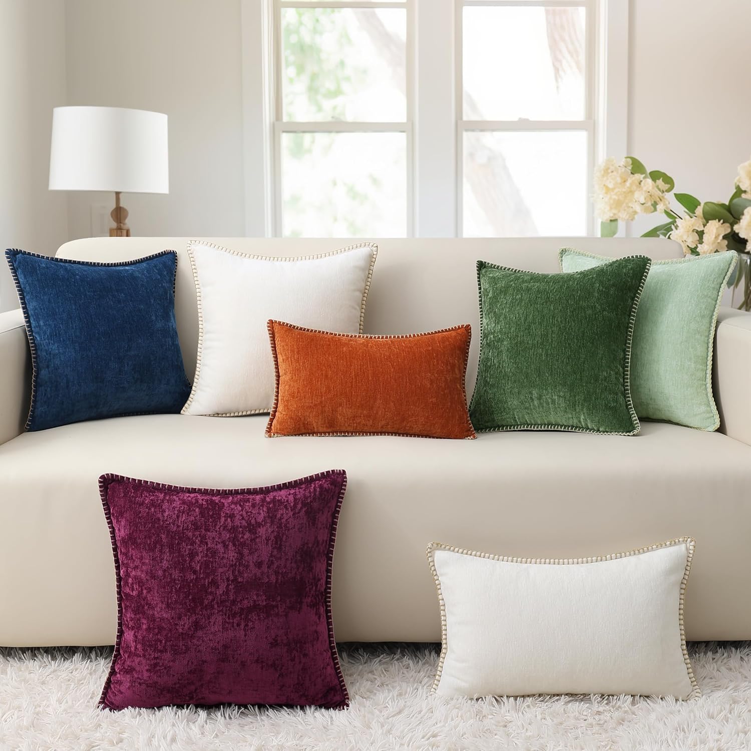 decorUhome Chenille Soft Throw Pillow Covers 26x26 Set of 2, Farmhouse Velvet Neutral Decorative