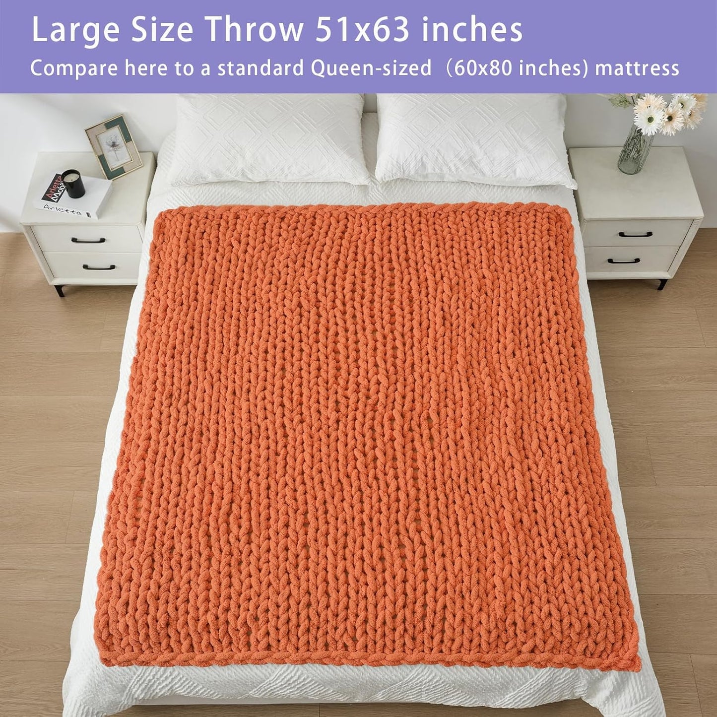 Bigacogo Chunky Knit Throw Blanket for Couch, 51x63 inches, 100% Hand Knitted with Thick Jumbo