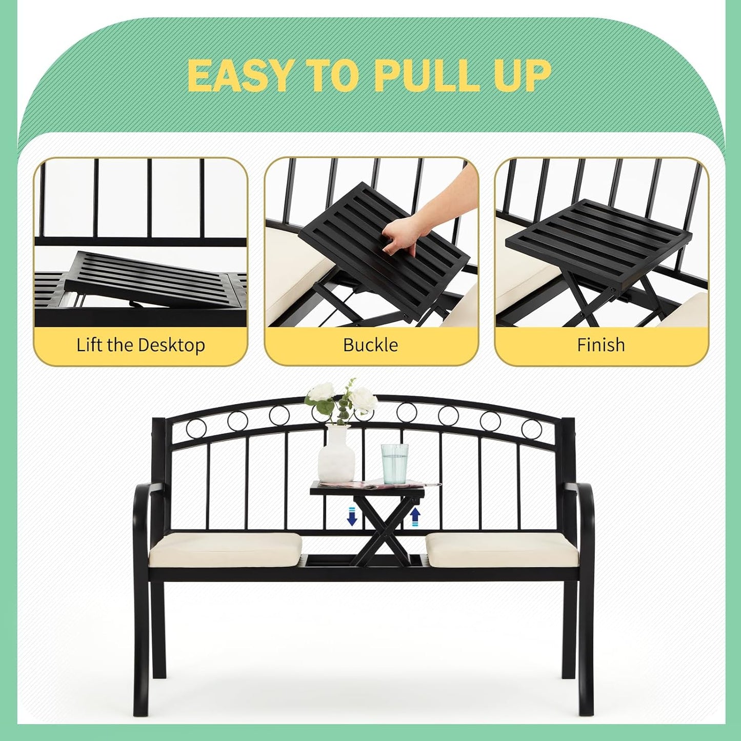 AVAWING Outdoor Metal Garden Bench, 2-Seat Patio Porch Bench with Steel Frame, Park Bench w/Pullout