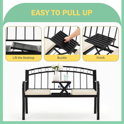 AVAWING Outdoor Metal Garden Bench, 2-Seat Patio Porch Bench with Steel Frame, Park Bench w/Pullout