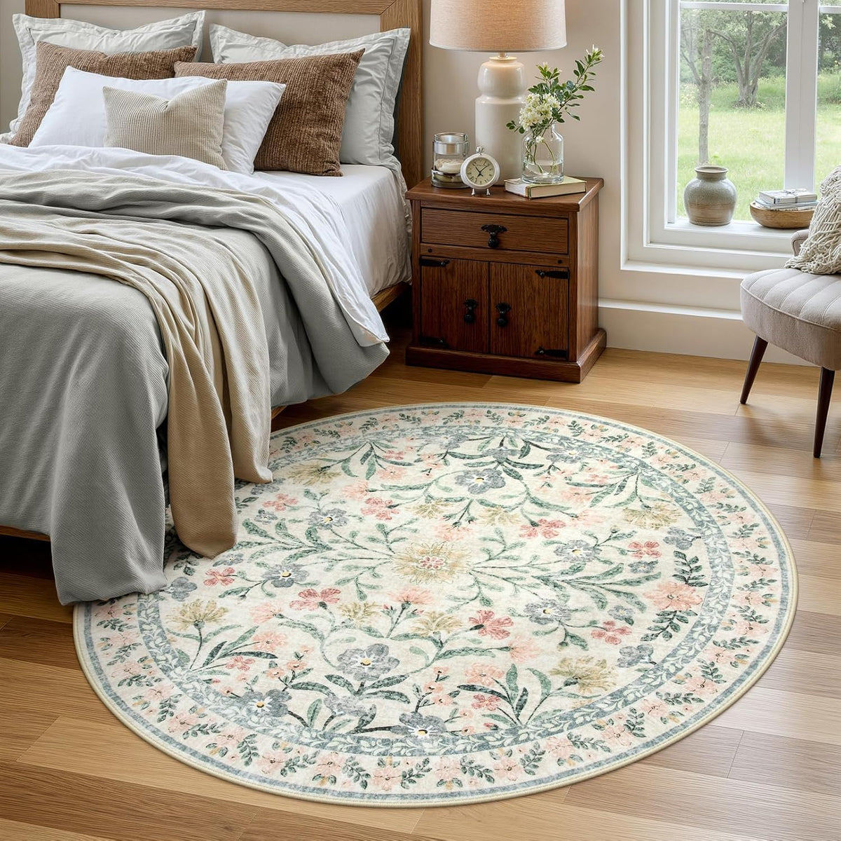 Wonnitar Round Washable Rug, Soft Floral Round Rugs 5ft Circle Carpets for Bedroom Ultra-Thin, Boho