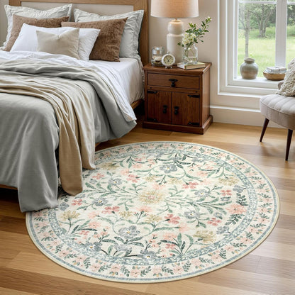 Wonnitar Round Washable Rug, Soft Floral Round Rugs 5ft Circle Carpets for Bedroom Ultra-Thin, Boho
