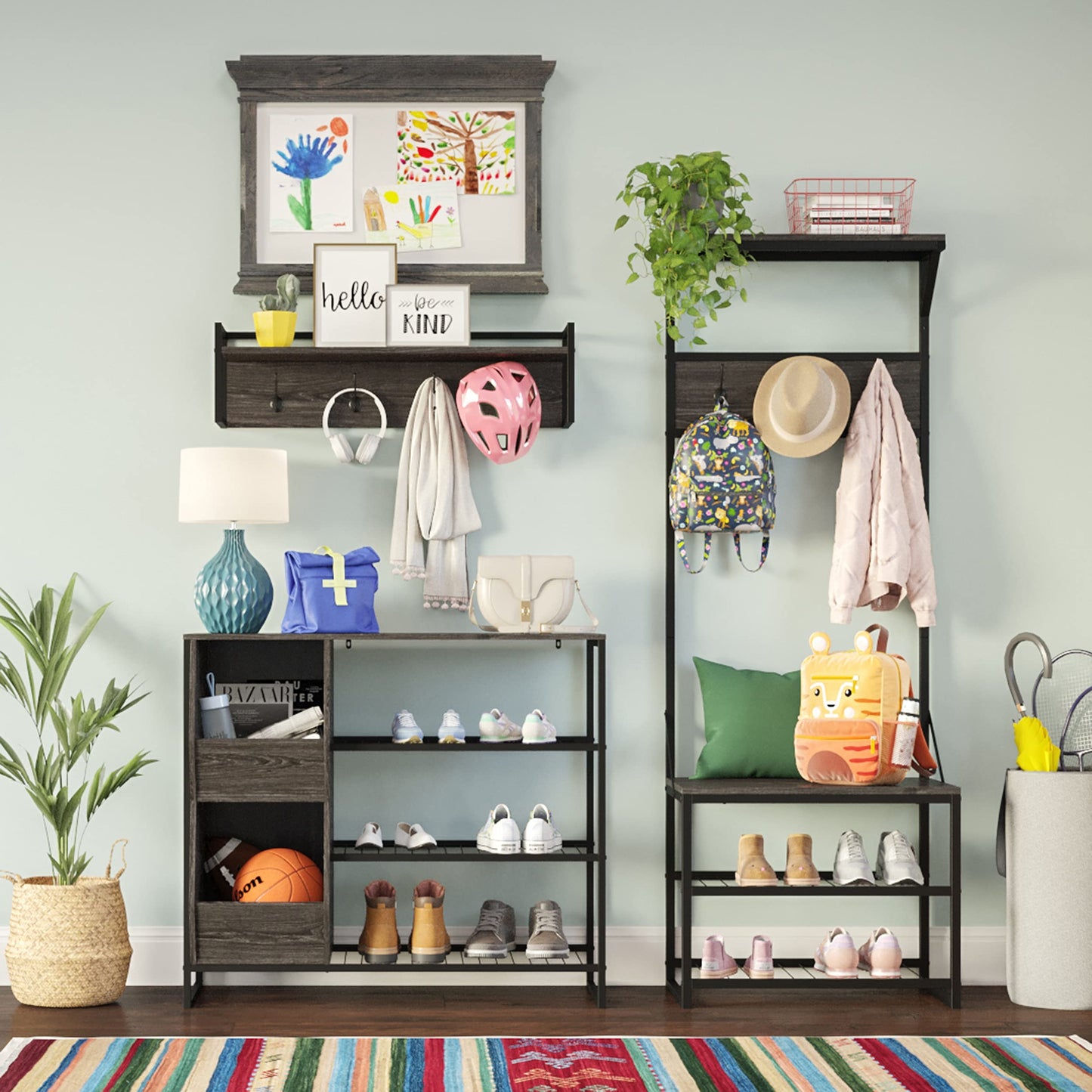RiverRidge Afton Hall Tree, Black Metal Frame and Weathered Woodgrain