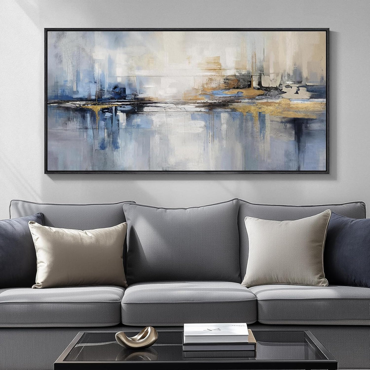 Framed Extra Large Blue Abstract Wall Art for Living Room, Modern Canvas Prints Painting Artwork