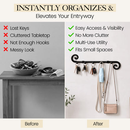 RTZEN Farmhouse Small Key Holder for Wall, Wrought Iron Wall Mount Rack