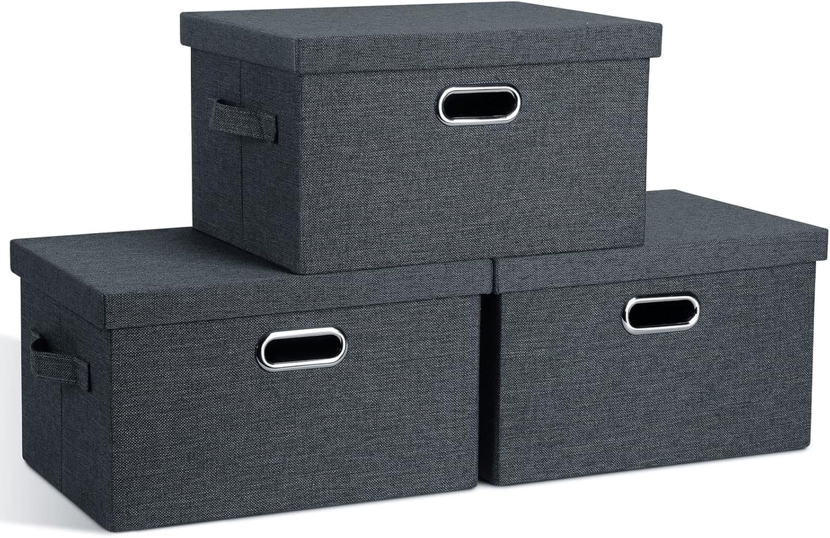 Medium 15" 21 Quart Collapsible Stackable Storage Bins with Lids, 3 Packs Dark Grey Foldable Fabric
