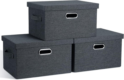 Medium 15" 21 Quart Collapsible Stackable Storage Bins with Lids, 3 Packs Dark Grey Foldable Fabric