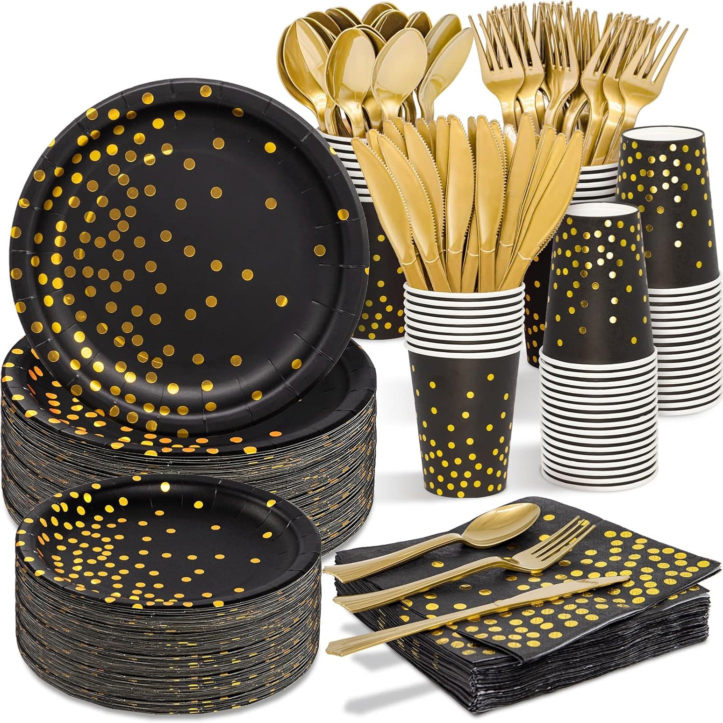 Black and Gold Party Supplies, 350PCS Disposable Dinnerware Set Inclueds Black Gold Dot Paper